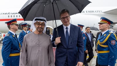 President Sheikh Mohamed is received by Serbian President Aleksandar Vucic at Belgrade Nikola Tesla Airport. All photos: UAE Presidential Court