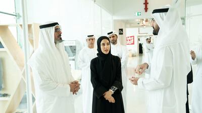 Sheikh Khalid bin Mohamed, Member of the Abu Dhabi Executive Council and Chairman of the Abu Dhabi Executive Office, visits the Abu Dhabi Youth Centre on Wednesday. He is accompanied by Shamma Al Mazrui, Minister of State for Youth Affairs. Wam