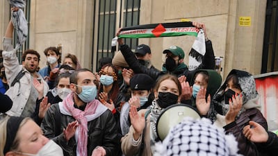 Students occupy a building at the Institute of Political Studies in Paris (Sciences Po), in protest against the war in Gaza. AFP