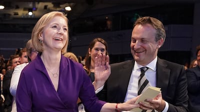Liz Truss is congratulated by her husband Hugh O'Leary after being declared the winner of the Tory leadership race. AFP