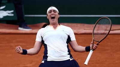 Ons Jabeur celebrates after beating Leylah Fernandez in straight-sets at the French Open on May 31, 2024. Reuters