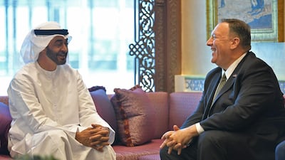 US Secretary of State Mike Pompeo (R) takes part in a meeting with Abu Dhabi Crown Prince Mohamed bin Zayed al-Nahyan in Abu Dhabi, United Arab Emirates, on September 19, 2019. AFP