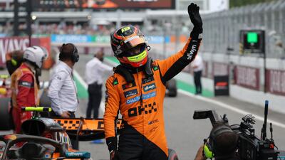 McLaren's Oscar Piastri celebrates after qualifying in pole position for the Spanish Grand Prix. AFP