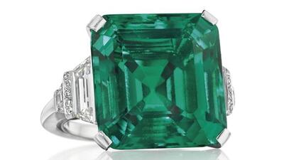 The Rockefeller Emerald was originally part of a brooch, and is now placed in a ring set by jeweller Raymond C Yard. Courtesy Christie’s