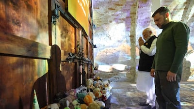 India's Prime Minister Narendra Modi and Ukrainian President Volodymyr Zelenskyy visiting the Martyrologist Exposition in Kyiv. AP