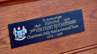A plaque for the second Viscount Rothermere, the late British newspaper tycoon, is displayed inside St Bride's Church. Carl Court / Getty Images
