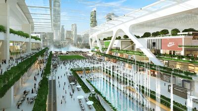 An artist rendition of the Meydan One Mall interior, which will feature a retractable roof that could be opened in the cooler, winter months to create an alfresco shopping and dining atmosphere. Courtesy The Meydan City Corporation
