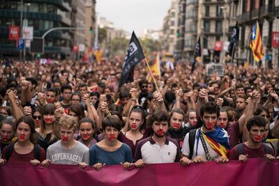 Independence supporters marched during a demonstration in downtown Barcelona. Catalan leaders accused Spanish police of brutality and repression while the Spanish government praised the security forces for behaving firmly and proportionately. Felipe Dana/ AP Photo