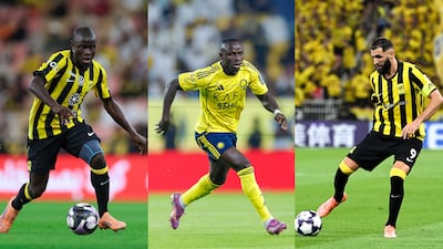 From left: N’Golo Kante of Al Ittihad, Sadio Mane of Al Nassr, and Karim Benzema of Al Ittihad, are all out of contract this summer. Getty Images, Reuters