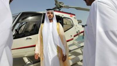 Sheikh Zayed bin Sultan bin Khalifa Al Nahyan, centre, at the opening of Falcon?s helipad at Marina Mall.