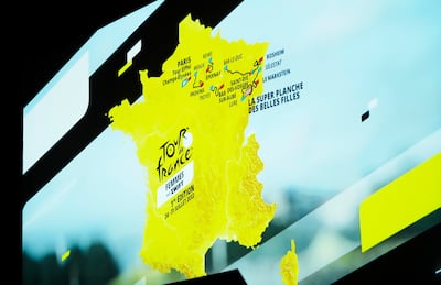 The roadmap of the 2022 women's Tour de France 2022 is projected on a screen during the presentation of the 2022 Tour de France. AP