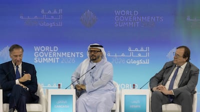 Dr Anwar Gargash, diplomatic adviser to the UAE President, with Mike Pompeo, former US secretary of state, left, and Frederick Kempe, president and chief executive of the Atlantic Council. Antonie Robertson / The National