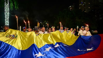 Demonstrators march in support of Venezuelan opposition leader Maria Corina Machado in Panama City. AFP