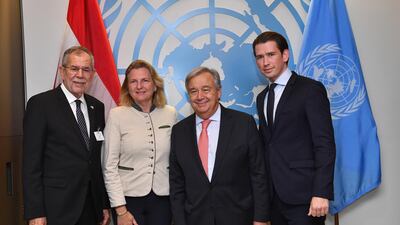 United Nations Secretary General Antonio Guterres (2R) greets Austrian President Alexander Van der Bellen (L) Austrian Foreign Minister Karin Kneissl (2L) and Austrian Chancellor Sebastian Kurz (R) on the sidelines of the General Debate of the General Assembly of the United Nations at United Nations Headquarters. EPA