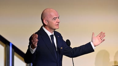 Fifa president Gianni Infantino gives a speech at the Vancouver Convention Centre on Tuesday. Reuters