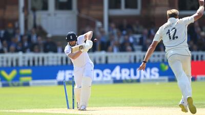 Kyle Jamieson bowls England batsman Jonny Bairstow. Getty