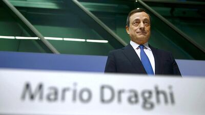 European Central Bank president Mario Draghi arrives for the conference in Frankfurt on January 22, 2015. Kai Pfaffenbach / Reuters