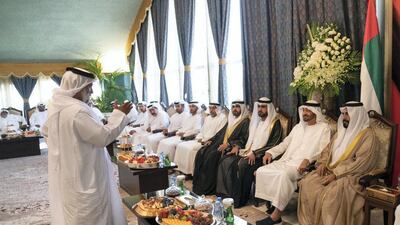 Sheikh Mohamed bin Zayed attends the wedding reception of Hamad Al Ameri (3rd R) and Mansour Al Ameri (4th R), in Abu Dhabi o Saturday. Seen with Mohamed Bin Kardous Al Ameri (R). Hamad Al Kaabi / Ministry of Presidential Affairs