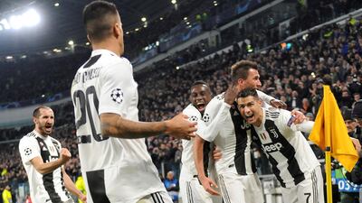 Juventus' Mario Mandzukic celebrates scoringwith Cristiano Ronaldo, Blaise Matuidi and teammates. Reuters