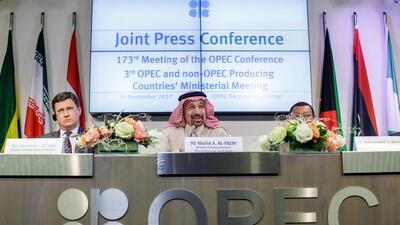 Alexander Novak, Russia's energy minister, Khalid Al-Falih, Saudi Arabia's energy minister and Opec secretary general Mohammed Barkindo. Lisi Niesner / EPA