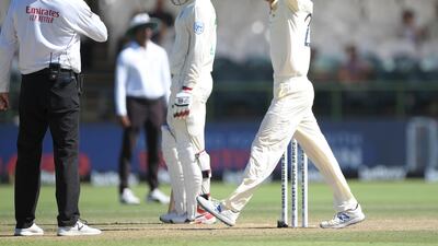 England bowler Dom Bess celebrates after taking the wicket of Quinton de Kock. Getty