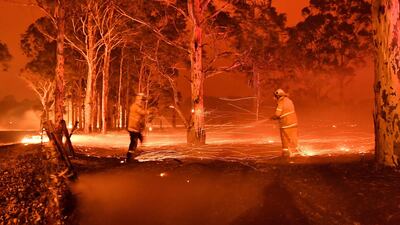 This timed-exposure image shows firefighters hosing down trees as they battle against bushfires around the town of Nowra .AFP