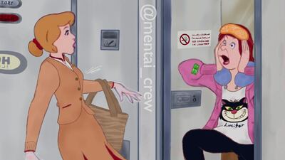 "When cabin crew and a passenger open the lavatory door at the same time," is the caption of this post. Courtesy of Mentai_crew