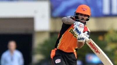 Sunrisers Hyderabad batsman Shikhar Dhawan plays a shot during his team's IPL win against Mumbai Indians on Sunday. Noah Seelam / AFP / May 8, 2016