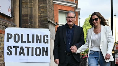 UK Prime Minister Keir Starmer and his wife Victoria arrive at a polling station in Westminster Chapel, central London, during local elections in England. AFP