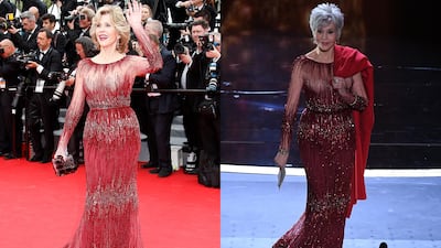 Jane Fonda first wore this red sequinned gown for the 2014 Cannes Film Festival, and it made another appearance at this year's Oscars. AFP