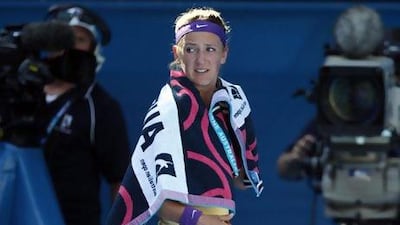 Victoria Azarenka walks off the court to take a medical timeout during her semi-final match against Sloane Stephens. Dita Alangkara / AP Photo