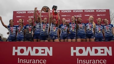 JESS Arabian Ranches players celebrate after winning the Under 16 cup title at the Rosslyn Park National Schools Sevens in the UK. Photo: JESS