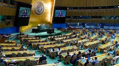 Minister of State for International Co-operation Reem Al Hashimy addresses the 78th session of the UN General Assembly, on Saturday, September 23, 2023. AP
