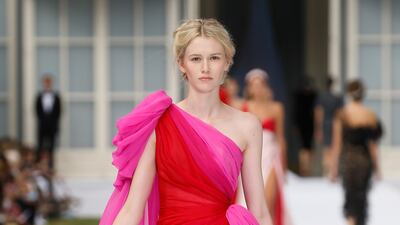 A red and fuchsia silk and chiffon couture gown by Ralph & Russo will also feature in the auction. Courtesy Sotheby's