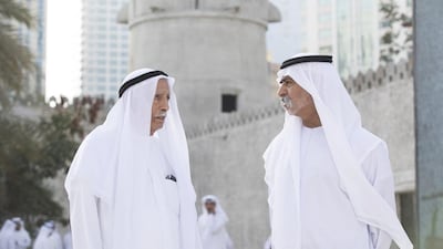 Sheikh Nahyan bin Mubarak, Minister of Culture and Knowledge Development, right, with Majed Al Manhali at Qasr Al Hosn. Ryan Carter / Crown Prince Court - Abu Dhabi