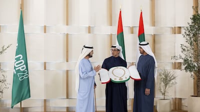 Sheikh Mohamed awards Sheikh Mohammed bin Rashid, Vice President and Ruler of Dubai, and Sheikh Mansour bin Zayed, Vice President, Deputy Prime Minister and Chairman of the Presidential Court, with the Order of Zayed for the successful hosting of 2023's Cop28. Photo: Wam