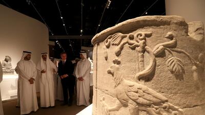 Sheikh Sultan bin Tahnoon Al Nahyan, chairman of Abu Dhabi Tourism and Culture Authority with Neil MacGregor, director of the British Musuem opened a History of the World in 100 Object exhibition at Manarat Al Saadiyat on Saadiyat Island, Abu Dhabi on 22 April, 2014. Ravindranath K / The National