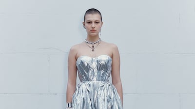 Metallic dress by British designer Sarah Burton from the Alexander McQueen pre-autumn/winter 2022 collection. Photo: Alexander McQueen