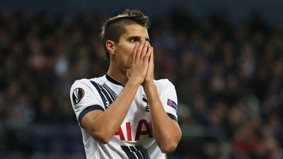 Tottenham's Erik Lamela reacts during the team's loss to Anderlecht in the Europa League on Thursday night in Brussels. Matthew Childs / Action Images / Reuters / October 22, 2015