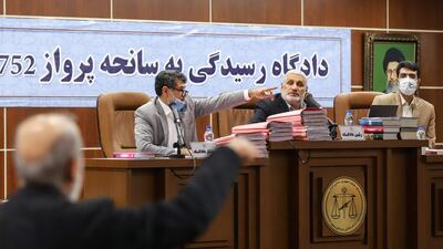 A picture from Iran's Mizan News agency of the court in which 10 military personnel are on trial for the downing of Ukraine International Airlines flight PS752. AFP