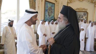 Sheikh Mohammed bin Zayed, Crown Prince of Abu Dhabi and Deputy Supreme Commander of the Armed Forces, receives Archbishop Theodosios Atallah Hanna of Sebastia, during a Sea Palace barza. Hamad Al Kaabi / Crown Prince Court – Abu Dhabi