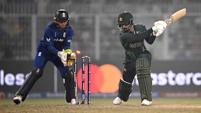 Pakistan's Shadab Khan is clean bowled by England's Adil Rashid at the Eden Gardens in Kolkata. AFP