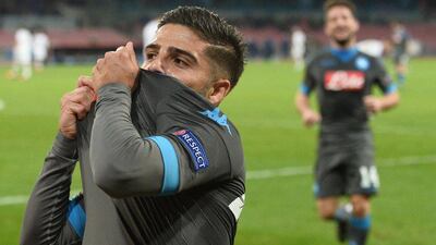 Napoli's Lorenzo Insigne exults after scoring for the team in their Europa League match against Legia Warsaw on Thursday night. Ciro Fusco / EPA / December 10, 2015
