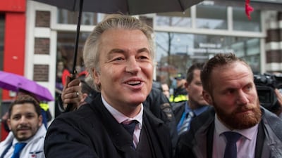 Geert Wilders, leader of the Party for Freedom (PVV), speaks to supporters on the campaign tail in Breda on March 8, 2017. Jasper Juinen / Bloomberg