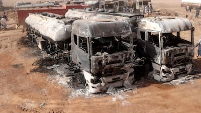 The wreckage of fuel tankers after a fire at the Islam Qala border crossing in Herat province, western Afghanistan. AFP