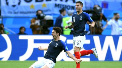 Benjamin Pavard celebrates scoring for France against Argentina at the 2018 World Cup in Russia. Getty