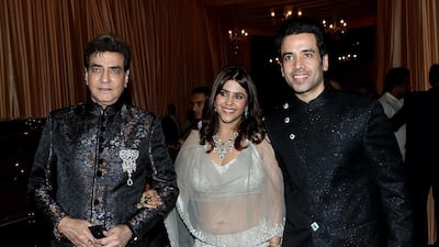 Jitendra Kapoor (L), producer Ekta Kapoor (C) and actor Tusshar Kapoor (R). Photo: AFP