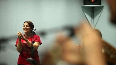 Kanya Shaban of the UAE rehearses at the Royal Festival Hall in London. She is participating in Shifting Sands, a project that explores the music of the UK and the Middle East.