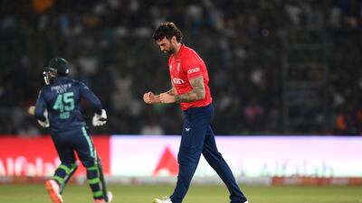 Reece Topley celebrates taking the wicket of Mohammad Rizwan for 88. Getty