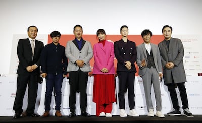 From left to right, BIFF director Jeon Jay, South Korean director Yoon Jero, South Korean actors: Lee Yu-jun, Lee Na-young, Jang Dong-yoon,Oh Kwang-rok and Seo Hyun-woo at a press conference yesterday for the opening film 'Beautiful Days' in Busan, South Korea. Kim Hee-Chul